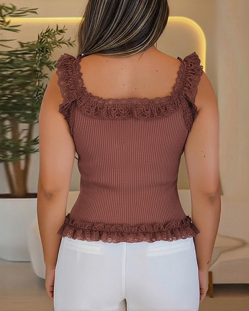 Contrast Lace Sleeveless Square Neck Crop Tank Casual Frill Hem Metal Button Decor Ribbed Knit Top