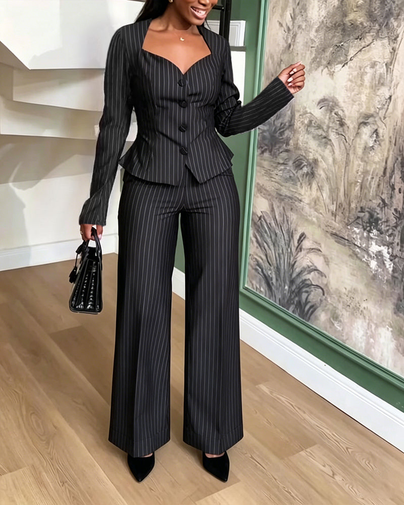 Damen-Zweiteiler mit Streifen, eleganter Peplum-Blazer mit herzförmigem Ausschnitt und High-Waisted-Hose mit weitem Bein, Business-Outfit