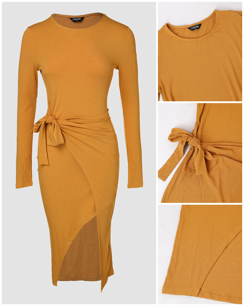 Round Neck Tied Detail Asymmetrical Hem Casual Dress
