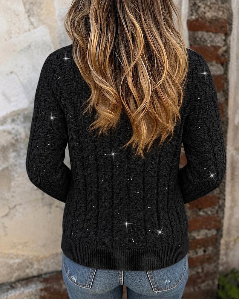 Women's Sequin Cable Knit Cardigan V Neck Button Down Slim Fit Long Sleeve Sweater