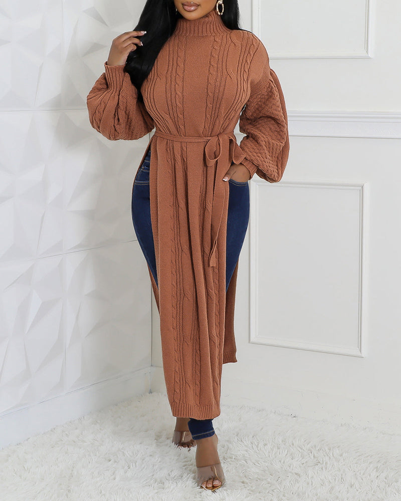 Cable Textured High Neck Lantern Sleeve Bow Tie Waist Sweater Casual High Slit Knit Longline Top