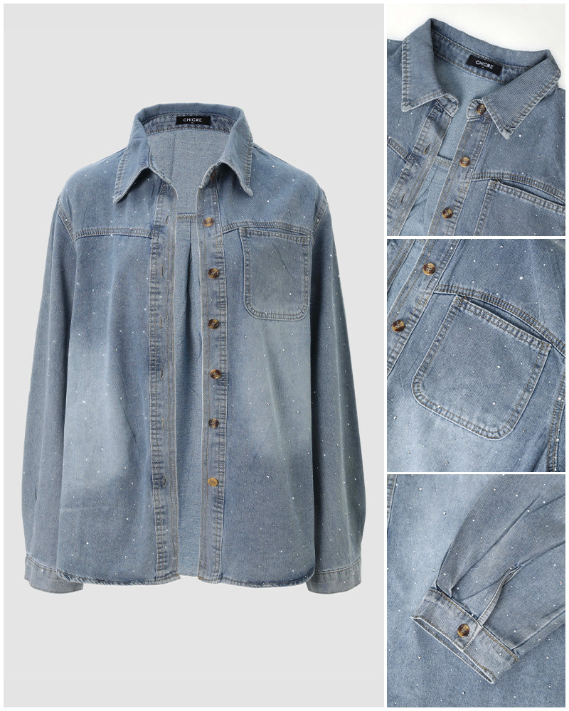 Damen-Jeansjacke mit Strasssteinen, verwaschene Oversized-Hemdjacke mit Knopfleiste, glitzernde, locker geschnittene Freizeitjacke mit langen Ärmeln