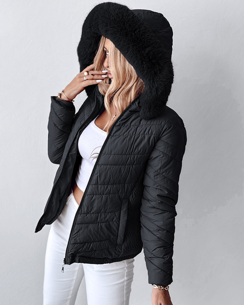 Zipper Pocket Design Shirred Fuzzy Trim Fleece Lined Hooded Puffer Jacket