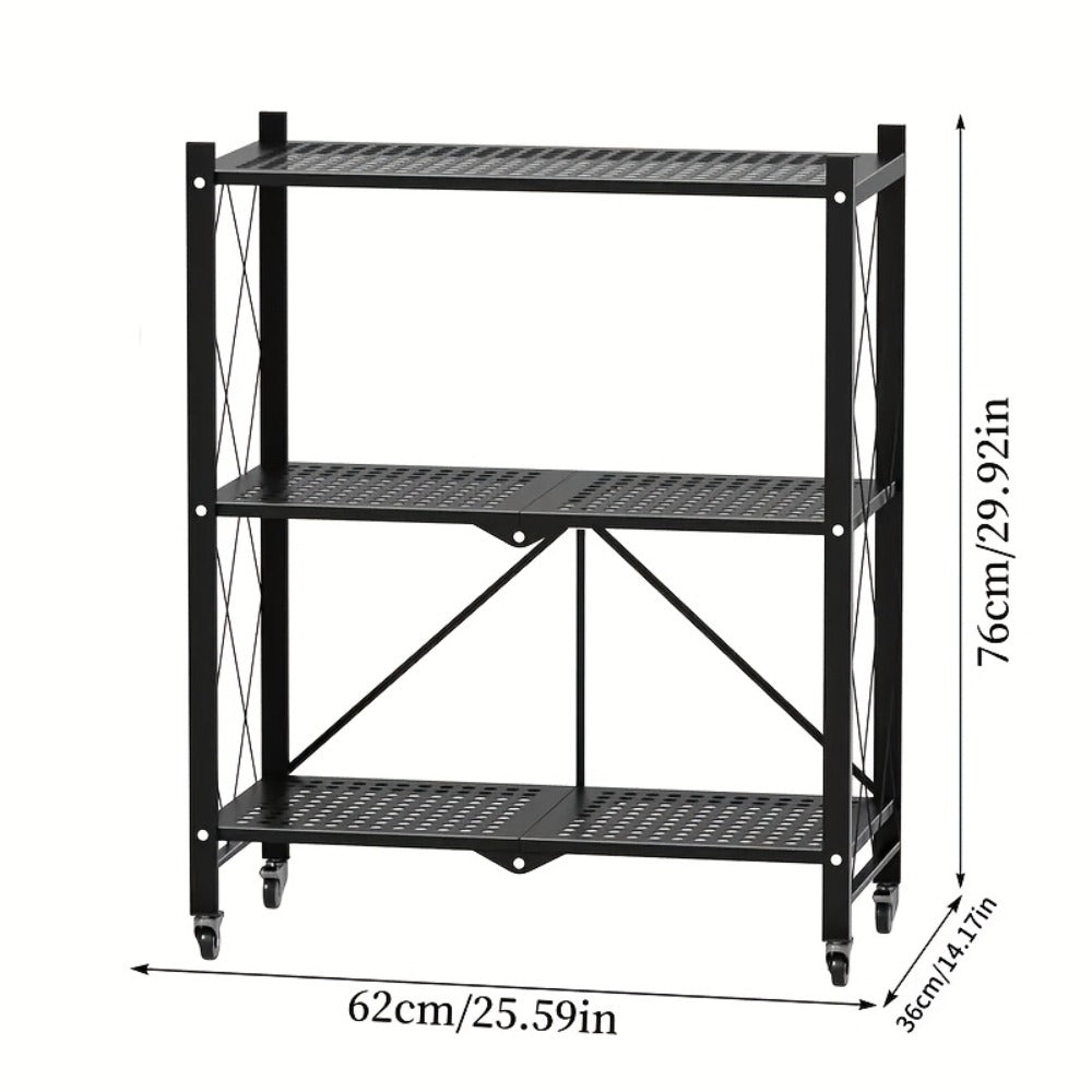 Three-Tier Foldable Storage Rack with Black Iron Shelves, Caster Wheels and 62cm-Wide Frame