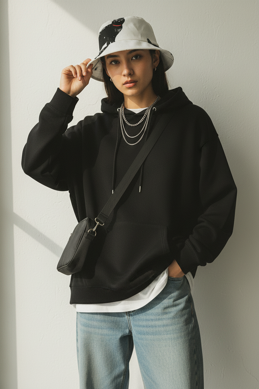Henderson Black Cat Print Cotton Linen Bucket Hat – Flat Brim, Unisex
