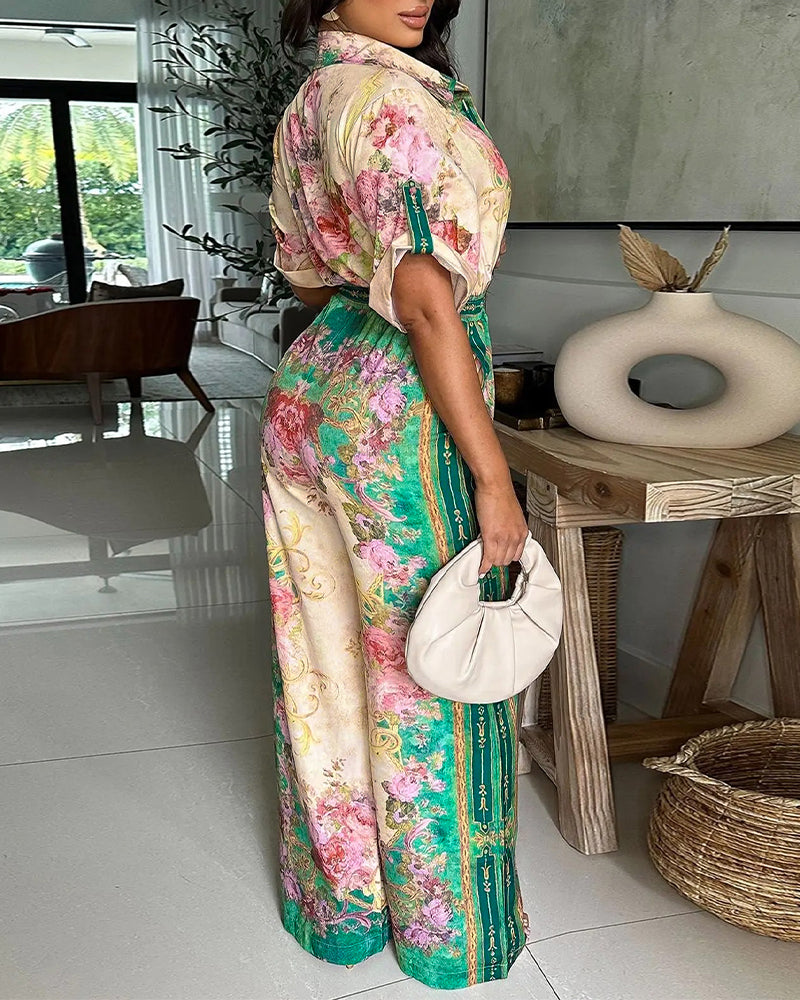 Jumpsuit mit Blumendruck im Vintage-Stil, Umlegekragen, Krempelärmeln, Knopfleiste vorne, lässigem Kordelzug in der Taille und weitem Bein für den Urlaub