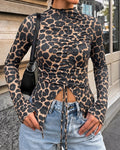 Women's Leopard Print Mock Neck Adjustable Drawstring Ruched Long Sleeve Top