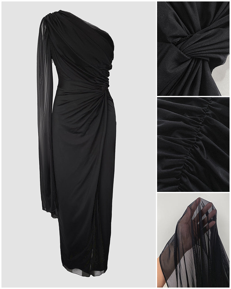 One Shoulder Asymmetrical Mesh Cloak Sleeve Ruched Twist Waist Evening Dress Waist Gathered Slit Party Dress