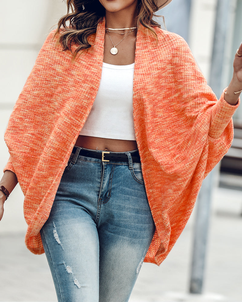Colorful Waffle Knit Open Front Coat Batwing Long Sleeve Cardigan