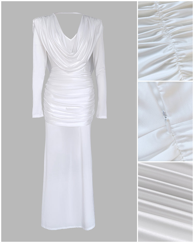 Cowl Neck Ruched Zipper Back Slim Fit Maxi Dress Casual Padded Shoulders Backless Evening Dress