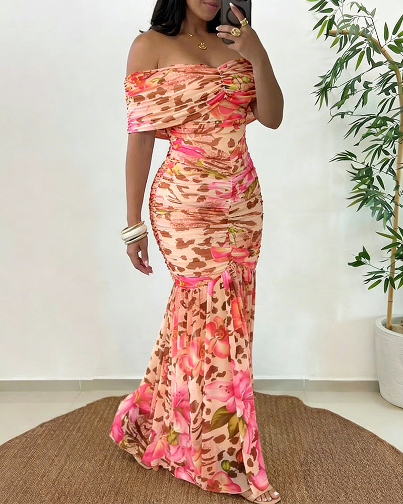 Damen-Maxikleid mit Umschlag-Ausschnitt, schulterfrei, Meerjungfrauen-Schnitt, gerafft, figurbetont, mit Leoparden- und Blumenmuster, sexy Tropen-Urlaubskleid