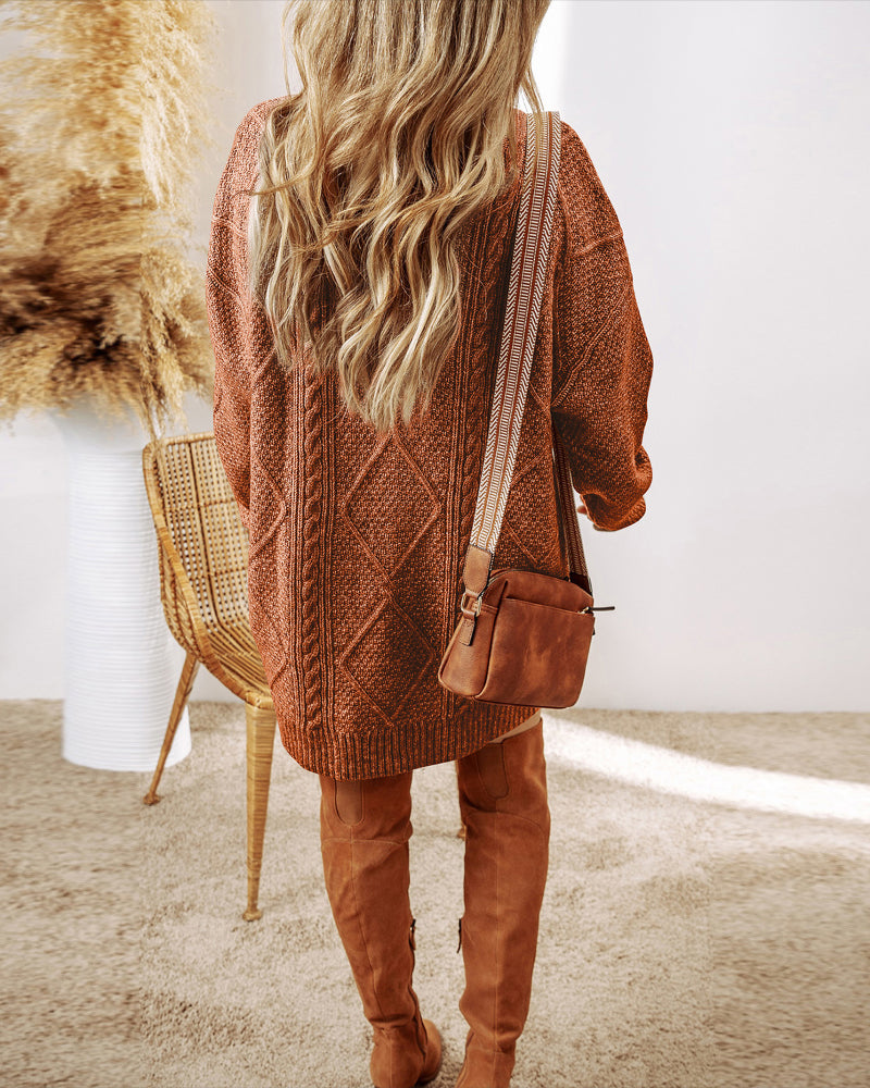 Round Neck Long Sleeve Drop Shoulder Pullover Sweater Casual Loose Fit Cable Knit Mid-length Sweater
