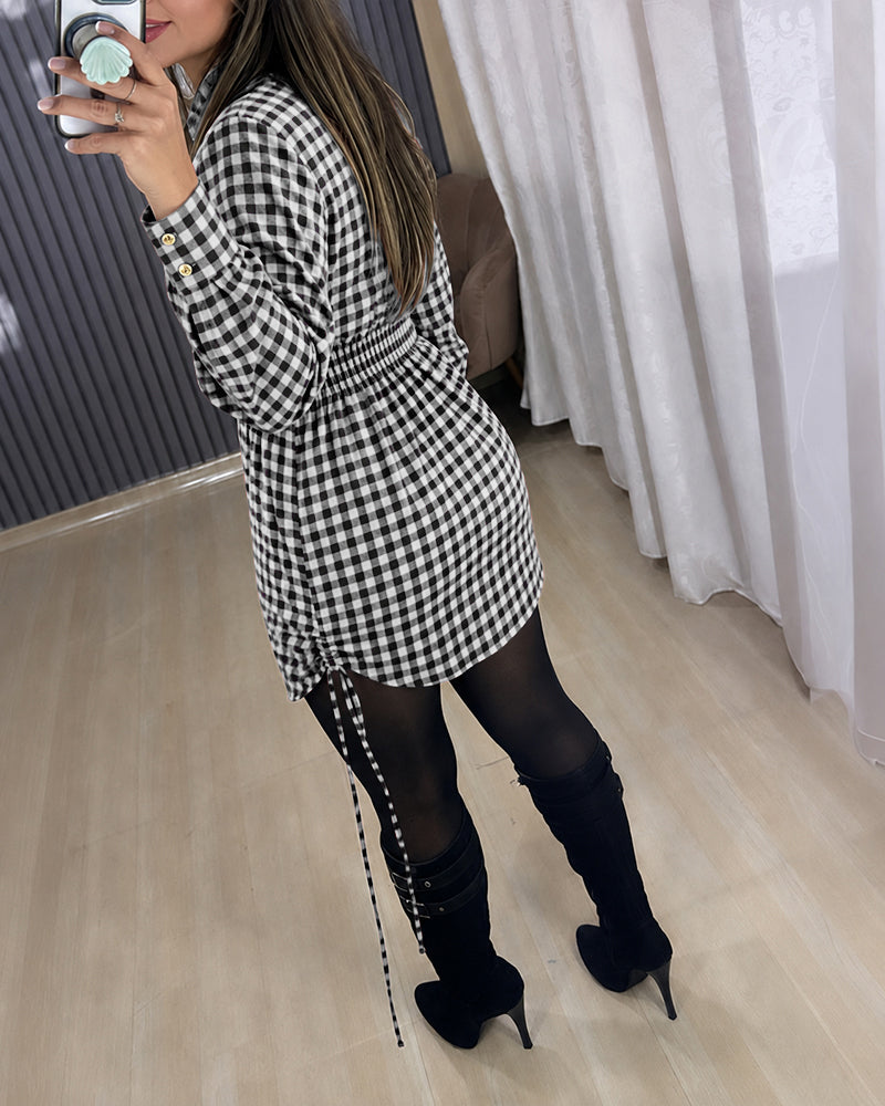 Women's Vintage Plaid Drawstring Long Sleeve Casual Dress Shirred Button Down Shirt Dress