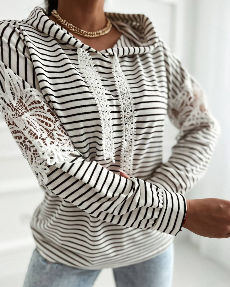 Striped Contrast Floral Lace Patchwork Long Sleeve Pullover Casual Lace Drawstring Hoodie Sweatshirt
