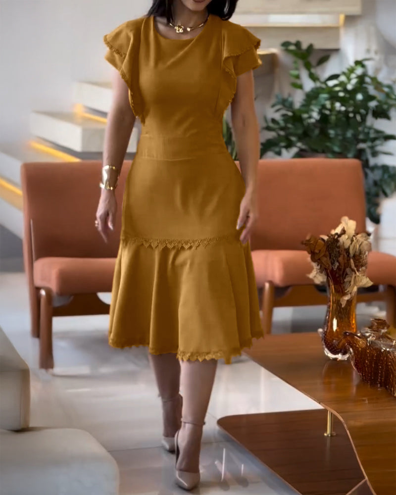 Butterfly Sleeve Hollow-out Back Shirred Dress Casual Cinched Waist Lace Trim Ruffle Hem Commuting Dress