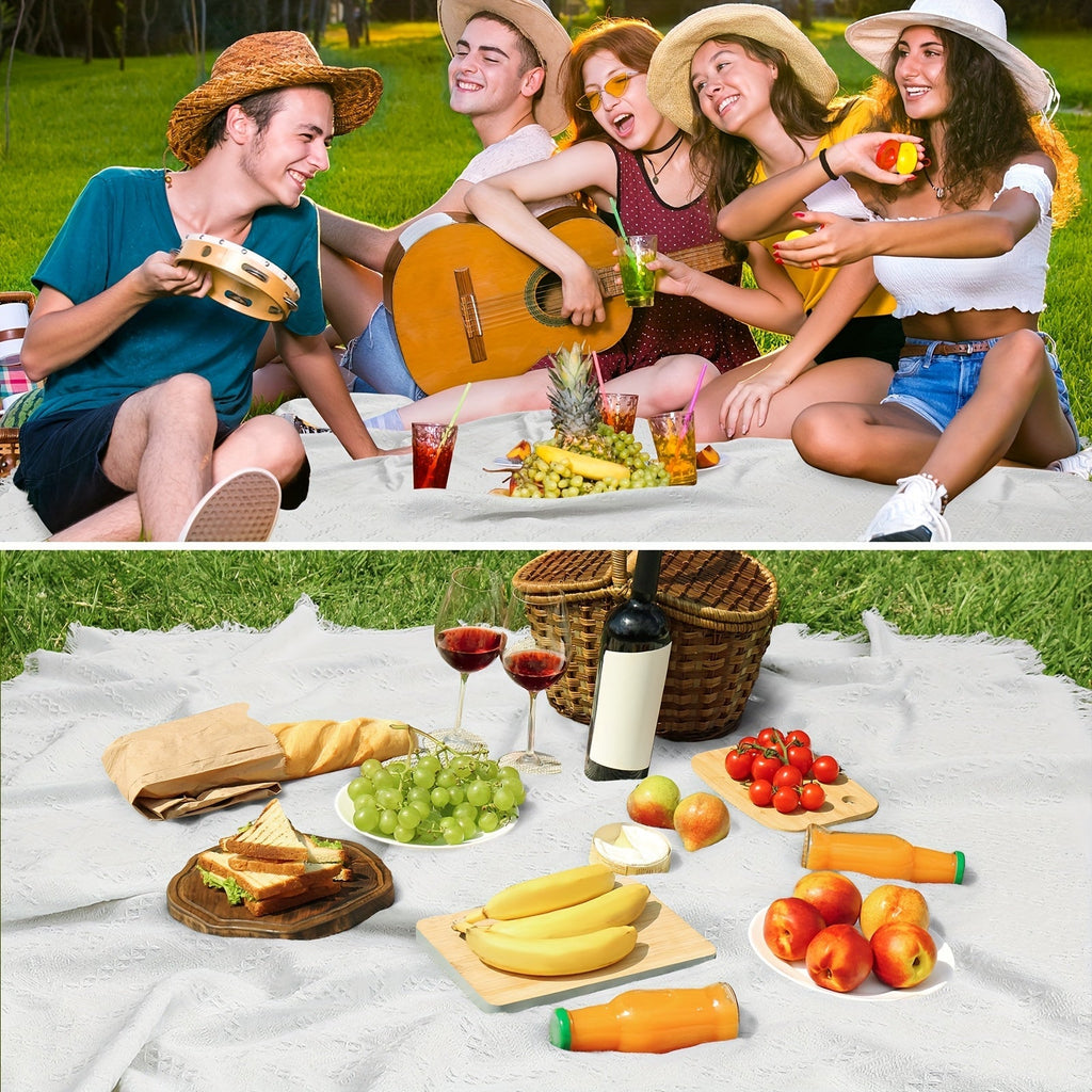 Picnic Blanket, Large 91 x 71-Inch White Woven Cotton Throw with Geometric Texture and Fringed Edges