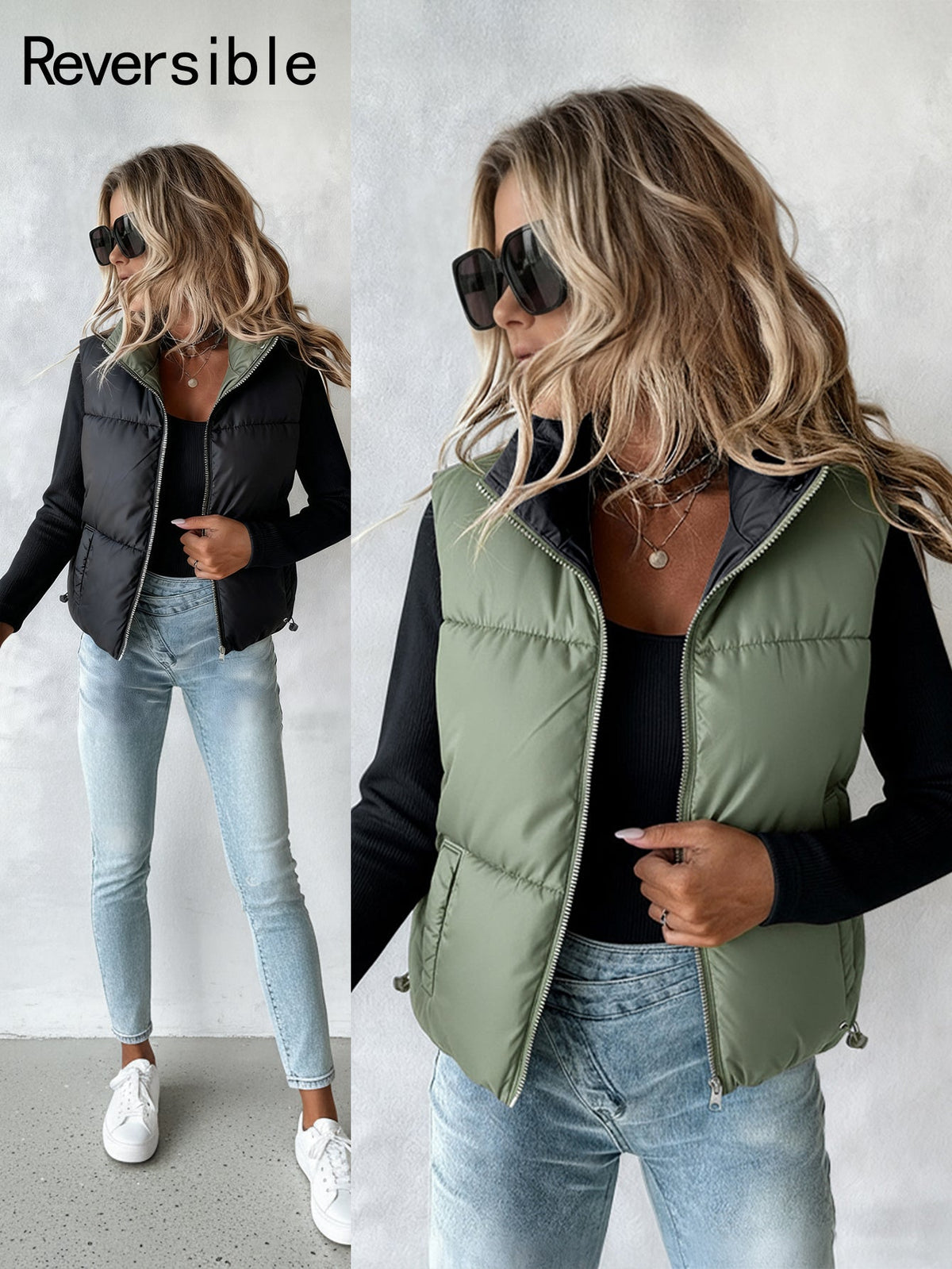 Stand Collar Sleeveless Zip Up Drawstring Hem Vest Casual Two-Way Reversible Ladies Warm Winter Padded Coat