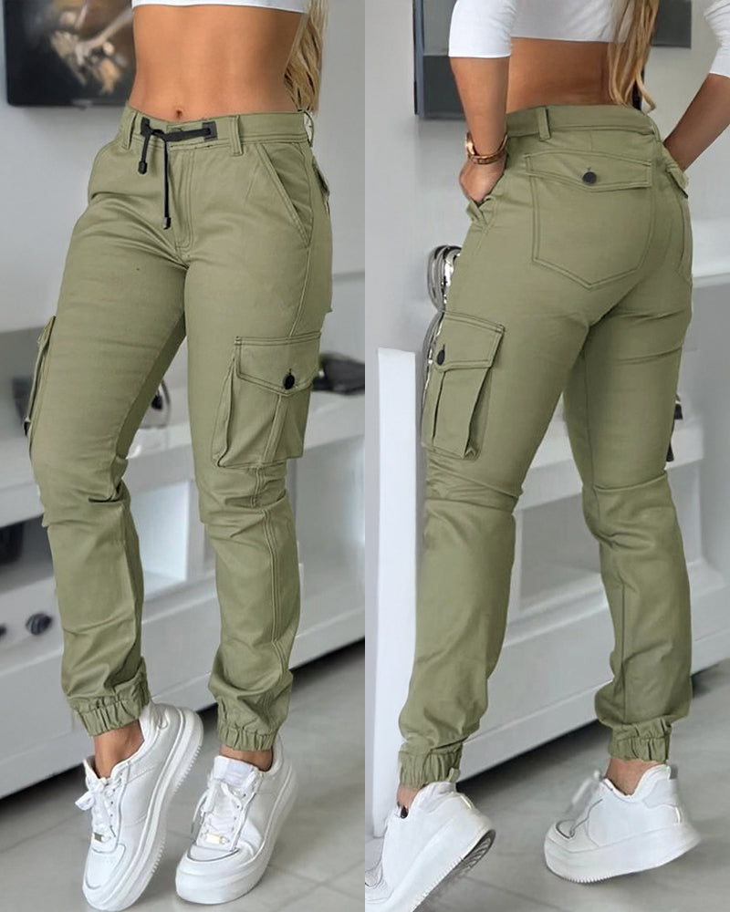 Zipper Fly Drawstring Elastic Back Waist Cuffed Trousers Casual Multiple Flap Pockets Design Cargo Pants