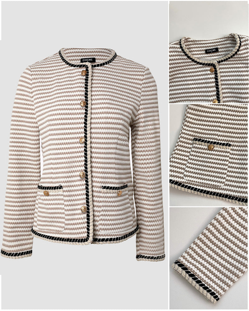 Women's Striped Knit Coat Contrast Binding Button Down Cardigan Round Neck Crop Blazer Coat with Pockets