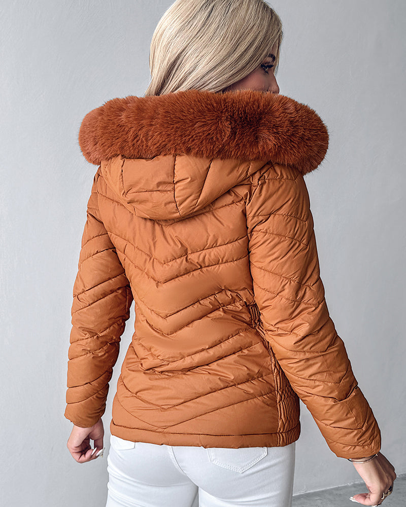 Zipper Pocket Design Shirred Fuzzy Trim Fleece Lined Hooded Puffer Jacket