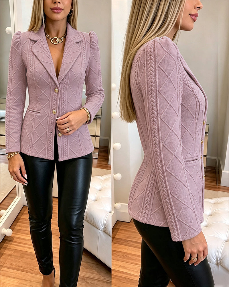 Women's Elegant Argyle Textured Blazer Slim Fit Puff Sleeve Suit Jacket Gold Button Work Office Commuter Blazer with Pockets
