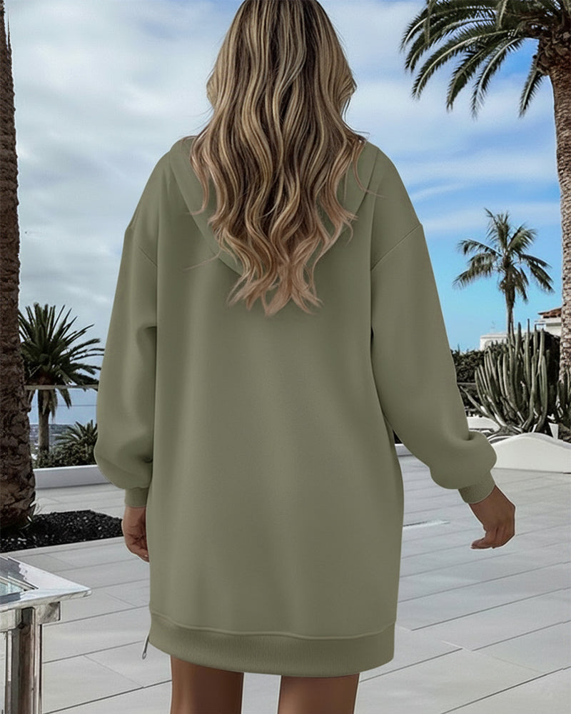 Long Sleeve Kangaroo Pocket Design Zipper Side Pullover Sweatshirt Casual Faux Two Piece Side Slit Longline Drawstring Hoodie Top