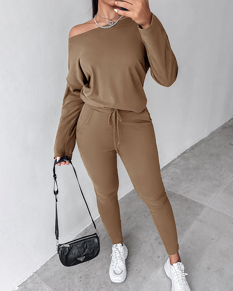 2 Pieces Outfit Long Sleeve Skew Neck Pullover Top and Drawstring Elastic Waist Slim Fit Pants Set