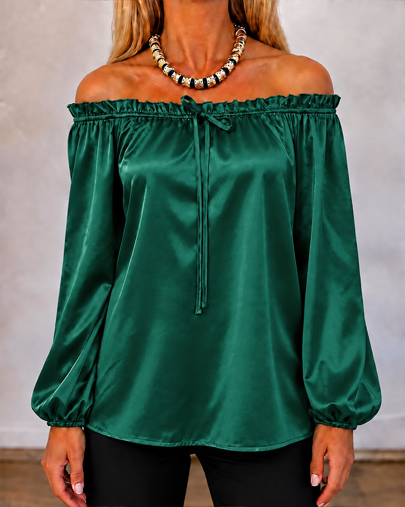 Women's Off Shoulder Satin Frill Trim Tie Front Lantern Sleeve Top