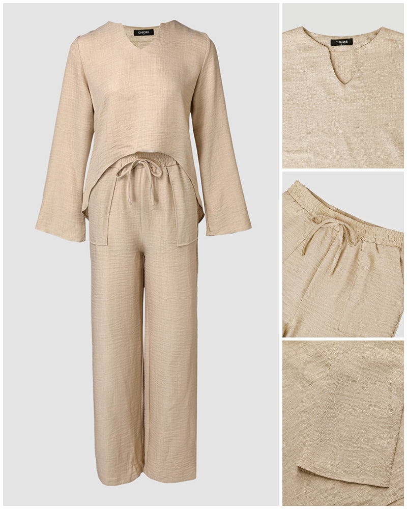 2 Piece Notch Neck Long Sleeve Asymmetrical Hem Tops Stretchy Waist Straight Leg Pants Lounge Sets Tracksuit