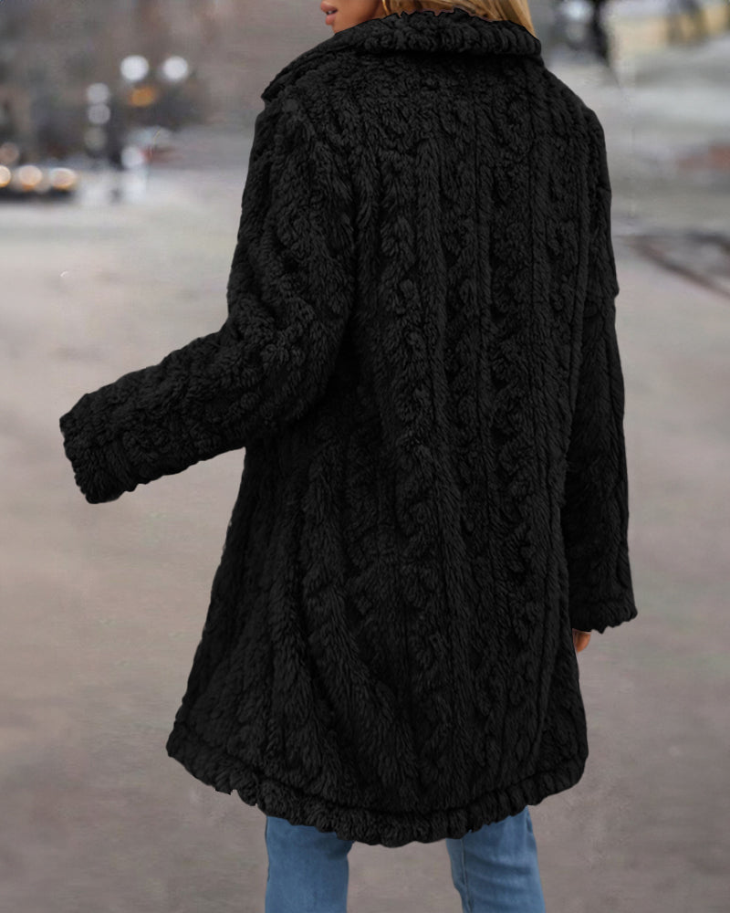 Cable Textured Lapel Neck Button Front Pocket Design Thermal Teddy Coat
