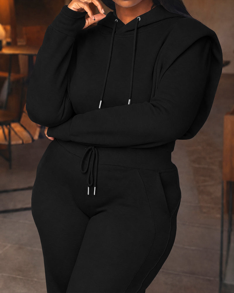 2 Pieces Outfit Long Sleeve Crop Drawstring Hoodie Sweatshirt with Thumb Hole Cuffs and Casual Drawstring Elastic Waist Wide Leg Sweatpants Set