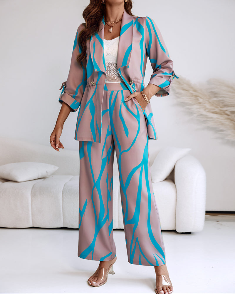 2 Pieces Outfit Shawl Lapel Turn-Up Sleeves Drawstring Waist Open Front Coat and Elastic Back Waist Wide Leg Pants Set Casual Abstract Print Commuting Set