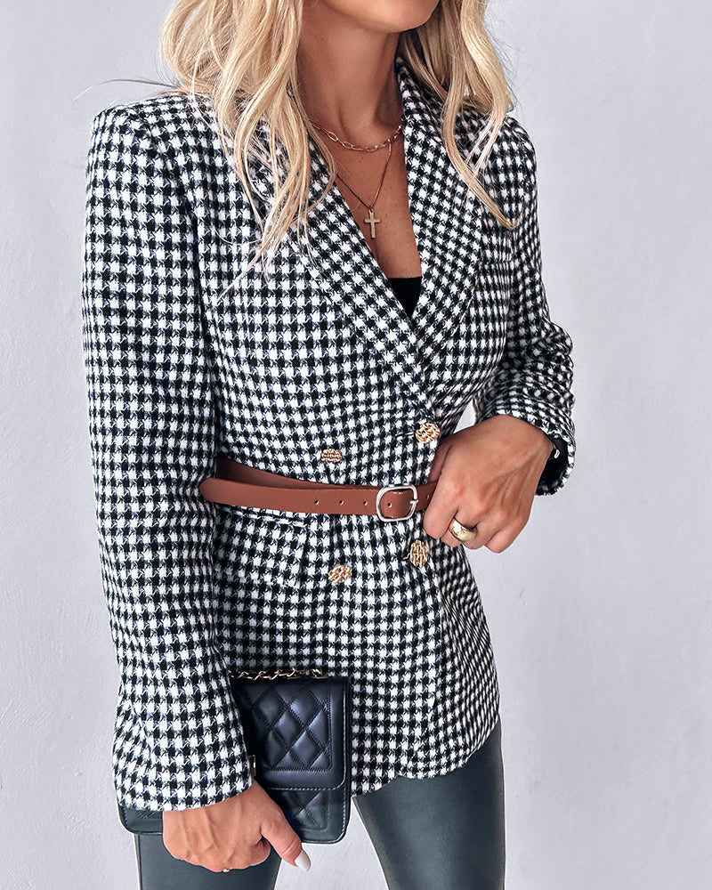 Zweireihiger Blazer mit Hahnentrittmuster und Gürtel