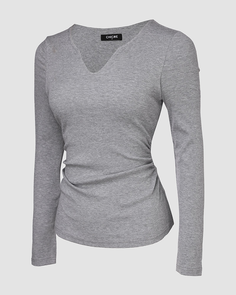 Chicme Built In Bra Notch Neck Long Sleeve Shirts Rib Knit Ruched Waist Top