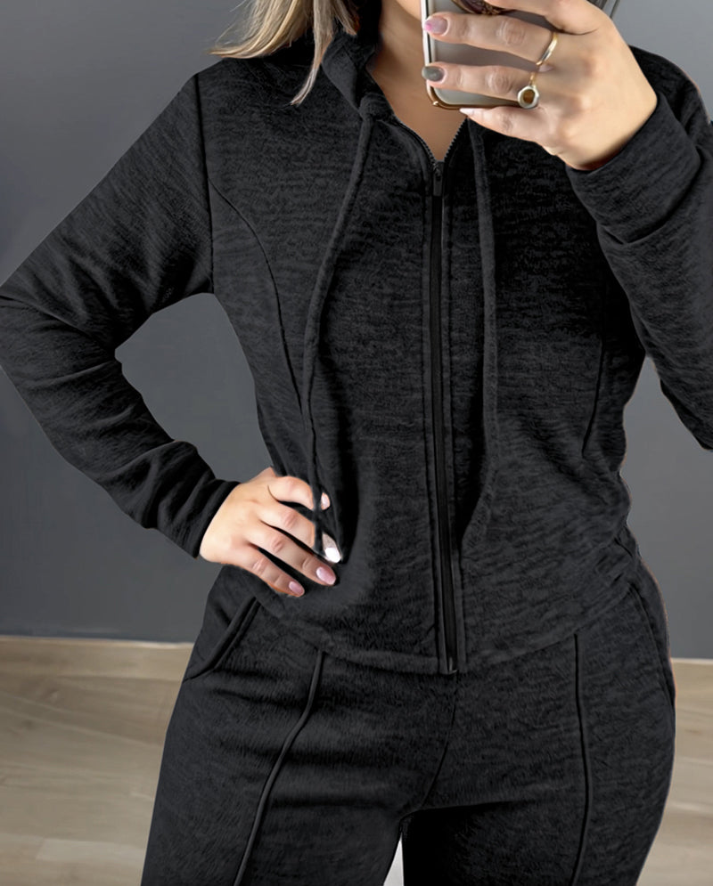 2 Pieces Outfit Long Sleeve Zip Up Drawstring Hoodie Coat and Casual Elastic Waist Seam Front Straight Leg Pants Set