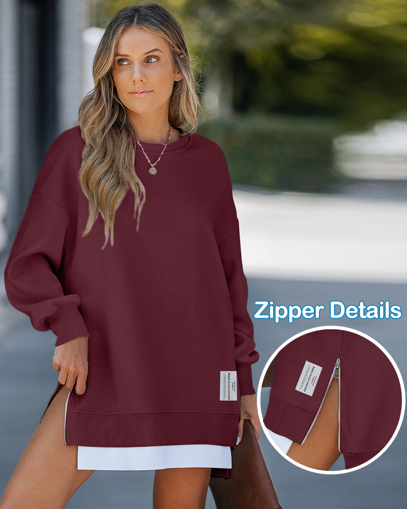 Letter Patch Detail Long Sleeve Drop Shoulder Pullover Sweatshirt Casual Zipper Side Slit Top