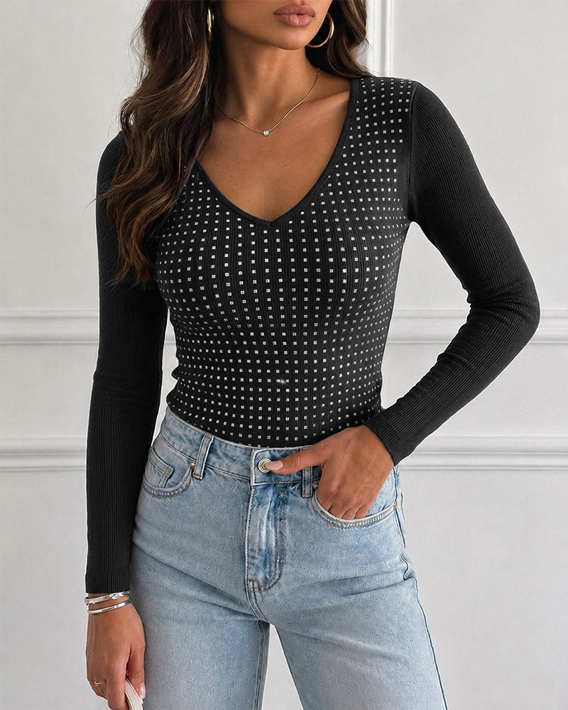 Women's V Neck Rhinestone Top Long Sleeve Ribbed Knit Tee Slim Fit Pullover Casual Base Layering Top