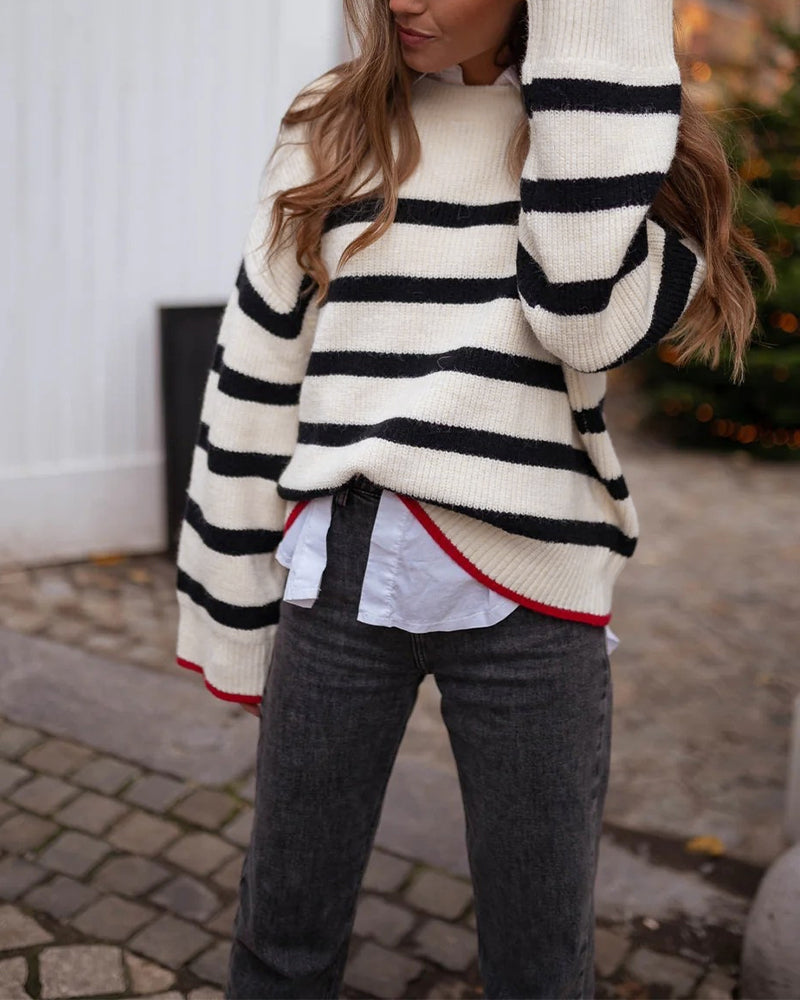 Women's Striped Crew Neck Loose Fit Chunky Knit Sweater Contrast Binding Top