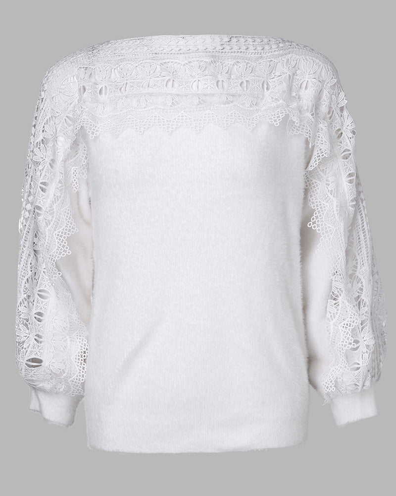 Crewneck Guipure Lace Long Sleeve Hollow Out Knit Sweaters Pullover Tops