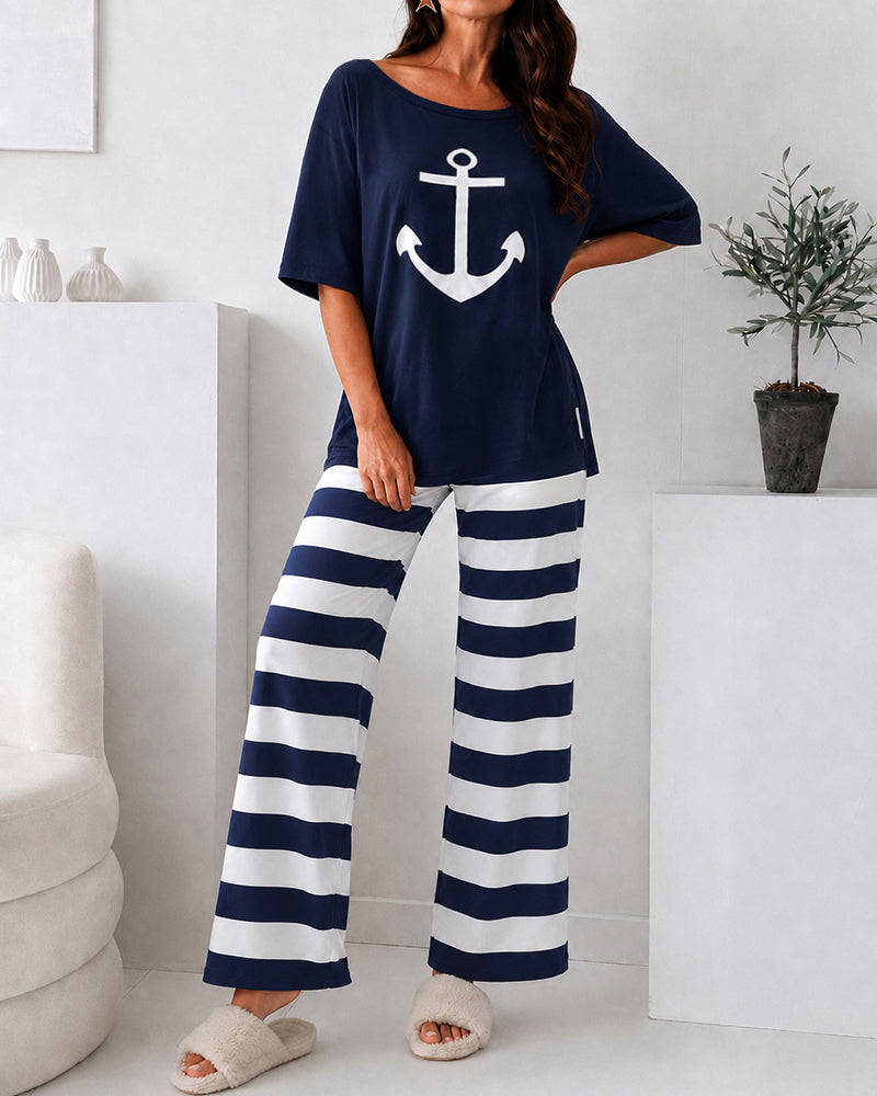 Loungewear-Set für Damen mit Anker-Print, Oberteil mit Seitenschlitz und gestreifter Hose mit geradem Bein, legeres Pyjama-Set mit Taschen