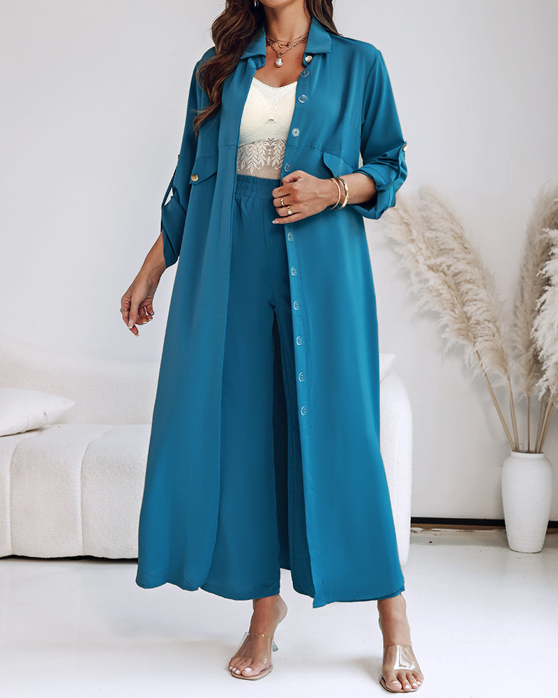 2 Pieces Outfit Turn-down Collar Turn-Up Sleeves Button Front Asymmetrical Hem Longline Blouse and Casual Elastic Waist Wide Leg Pants Set