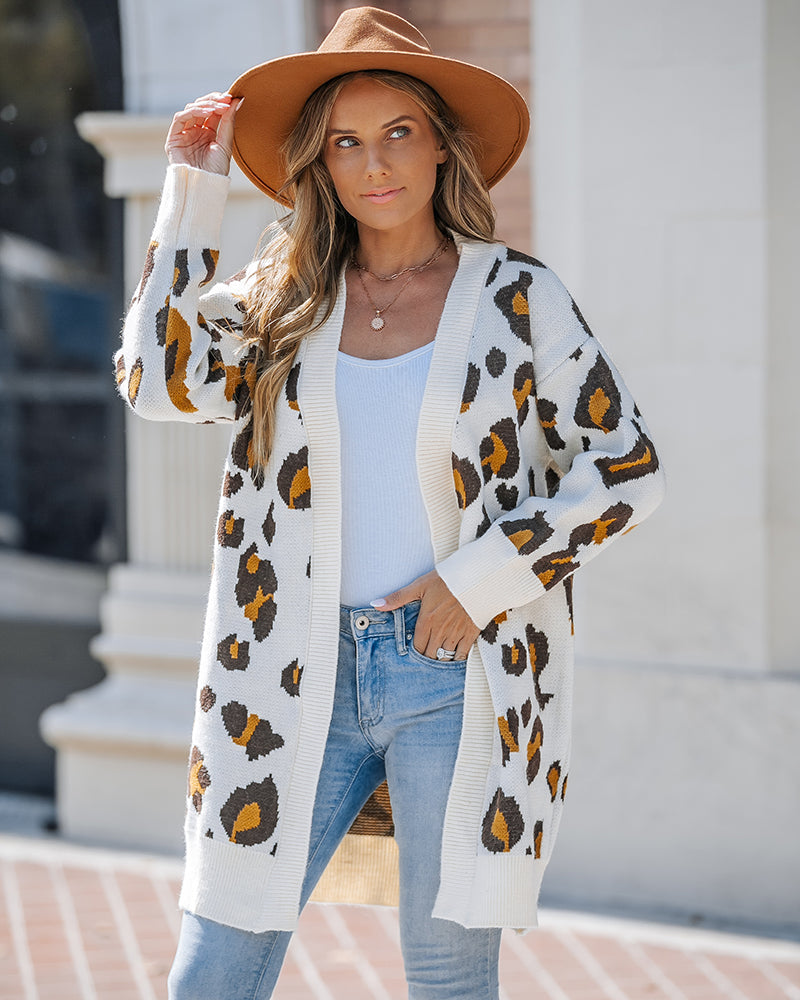 Women's Leopard Pattern Open Front Mid-length Knit Cardigan Sweater Coat