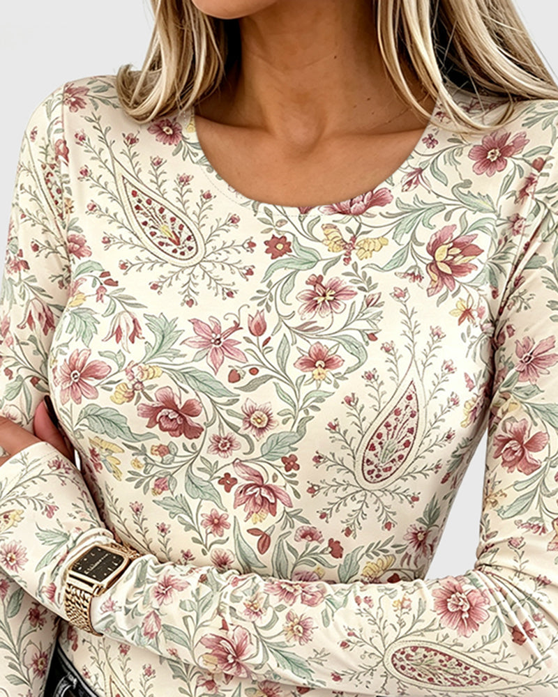 Women's Vintage Floral Print Long Sleeve Top Slim Fit Tee with Thumb Holes