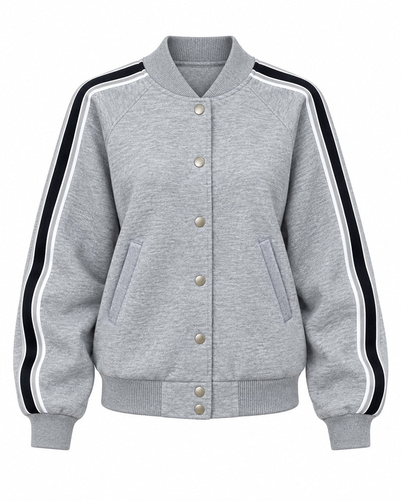 Women's Leopard Graphic Contrast Stripe Snap Button Front Baseball Collar Jacket