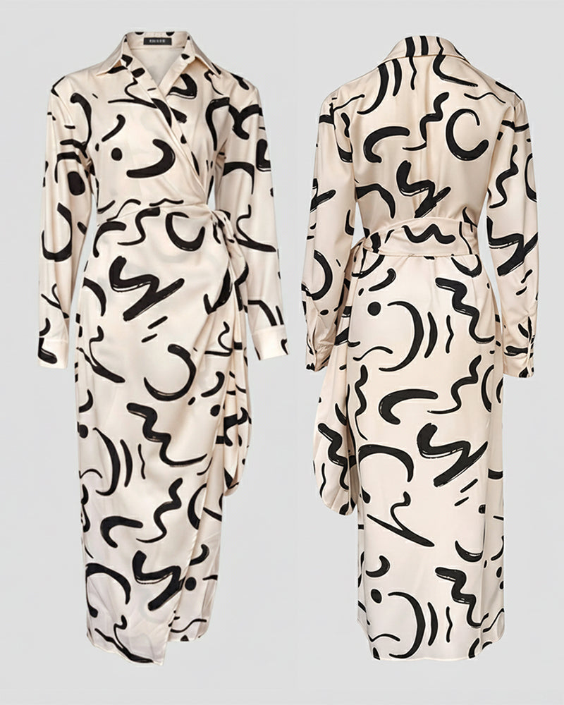 Abstract Print Turn-down Collar Tied Detail Ruched Dress Casual Wrap Front Vacation Dress