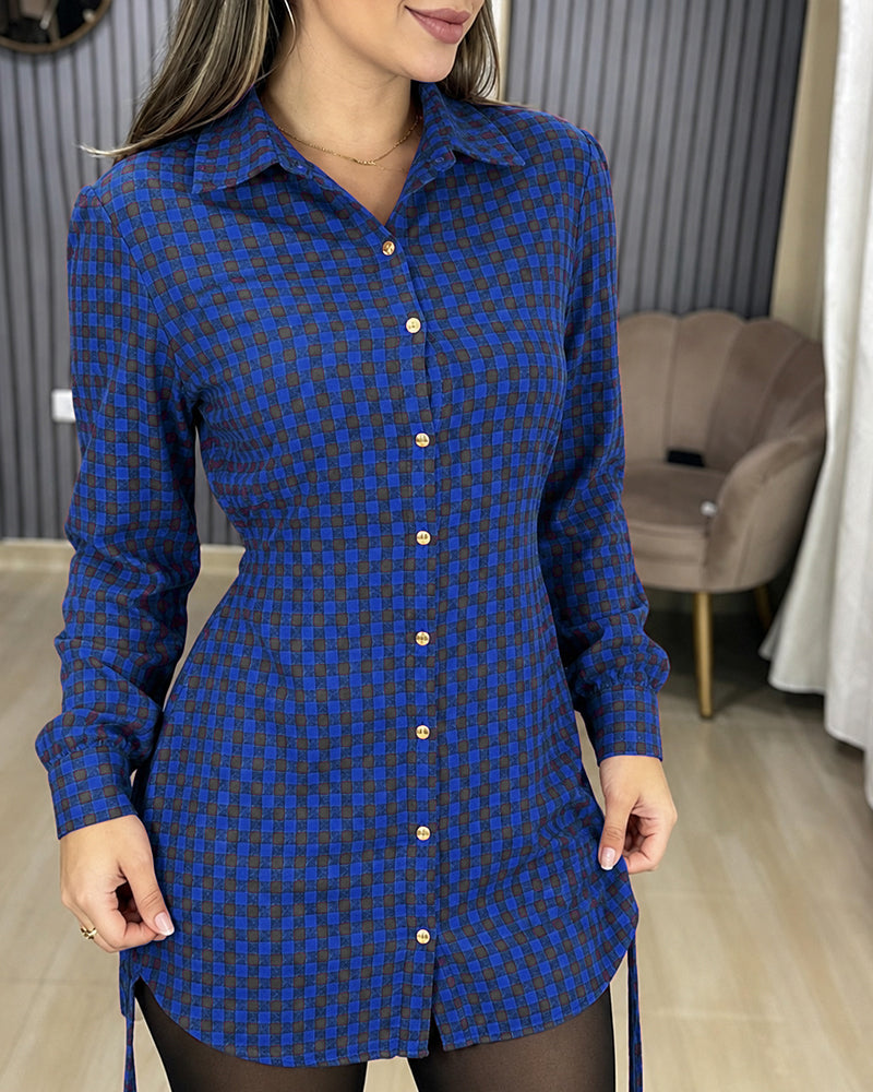Women's Vintage Plaid Drawstring Long Sleeve Casual Dress Shirred Button Down Shirt Dress