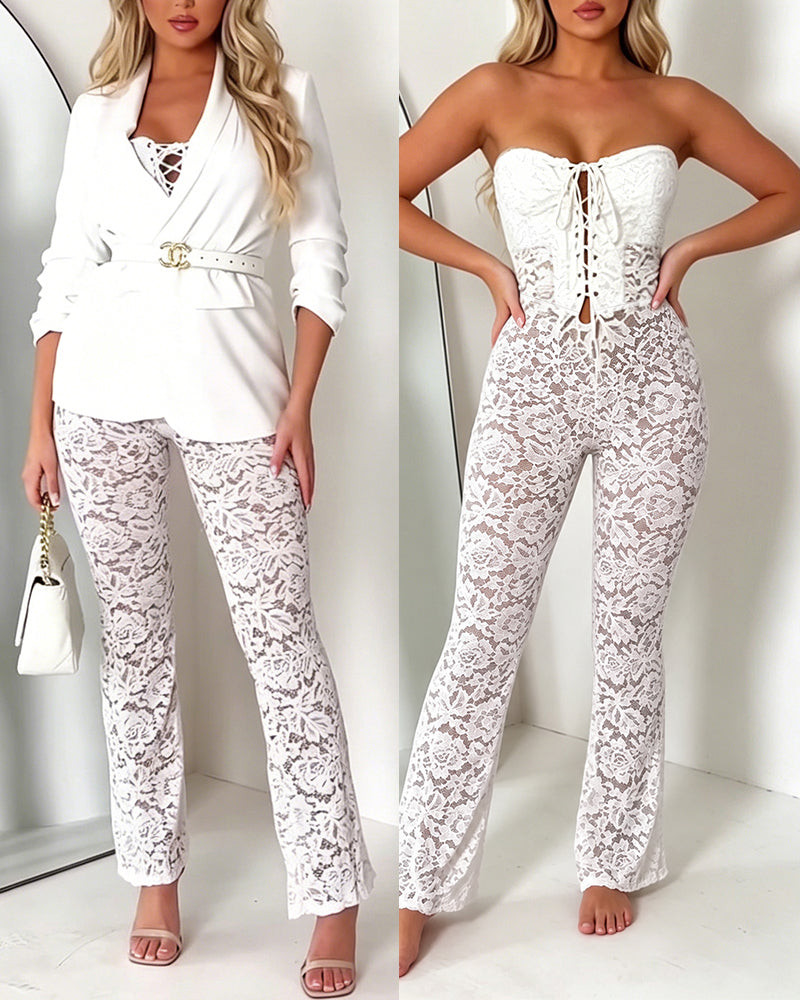 Damen Jumpsuit aus transparenter Spitze, sexy trägerloser Overall mit Schnürung, Tube-Top und ausgestelltem Bein, inklusive abnehmbaren transparenten Trägern