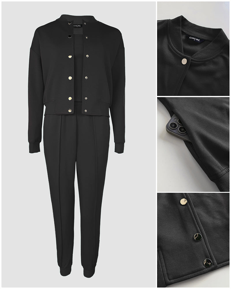 3 Pieces Outfit Snap Buttons Front Coat and Elastic Waist Seam Front Stretchy Cuffs Pants Set with Tank Top Casual Contrast Side Striped Tracksuit