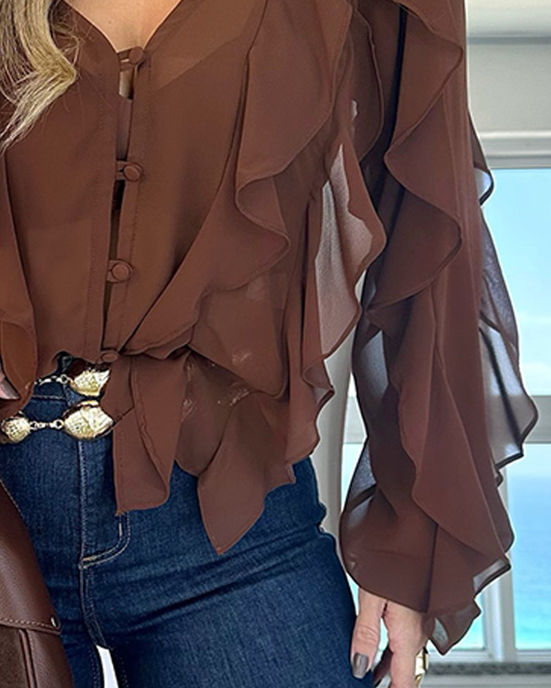 V Neck Shoulder Ruffles Design Blouse Casual Button Front Long Sleeve Top