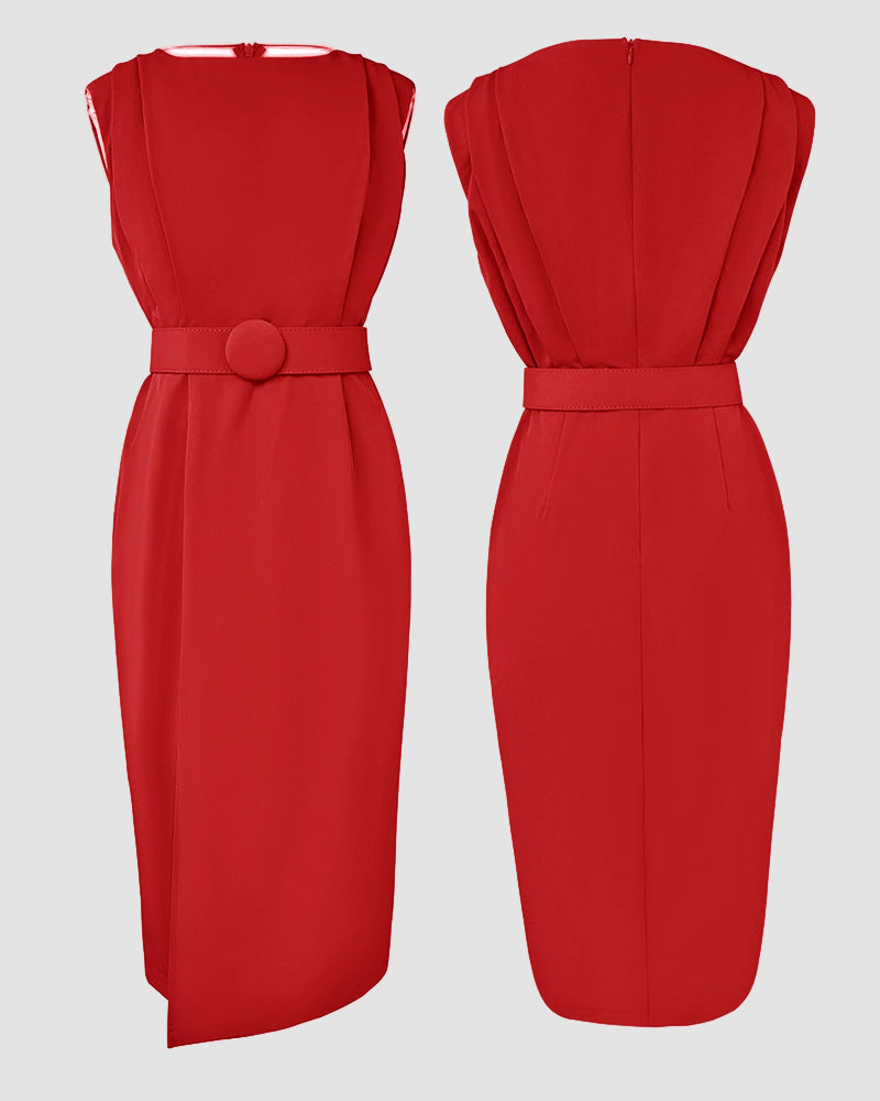 Round Neck Sleeveless Waist Ruched Slit Dress